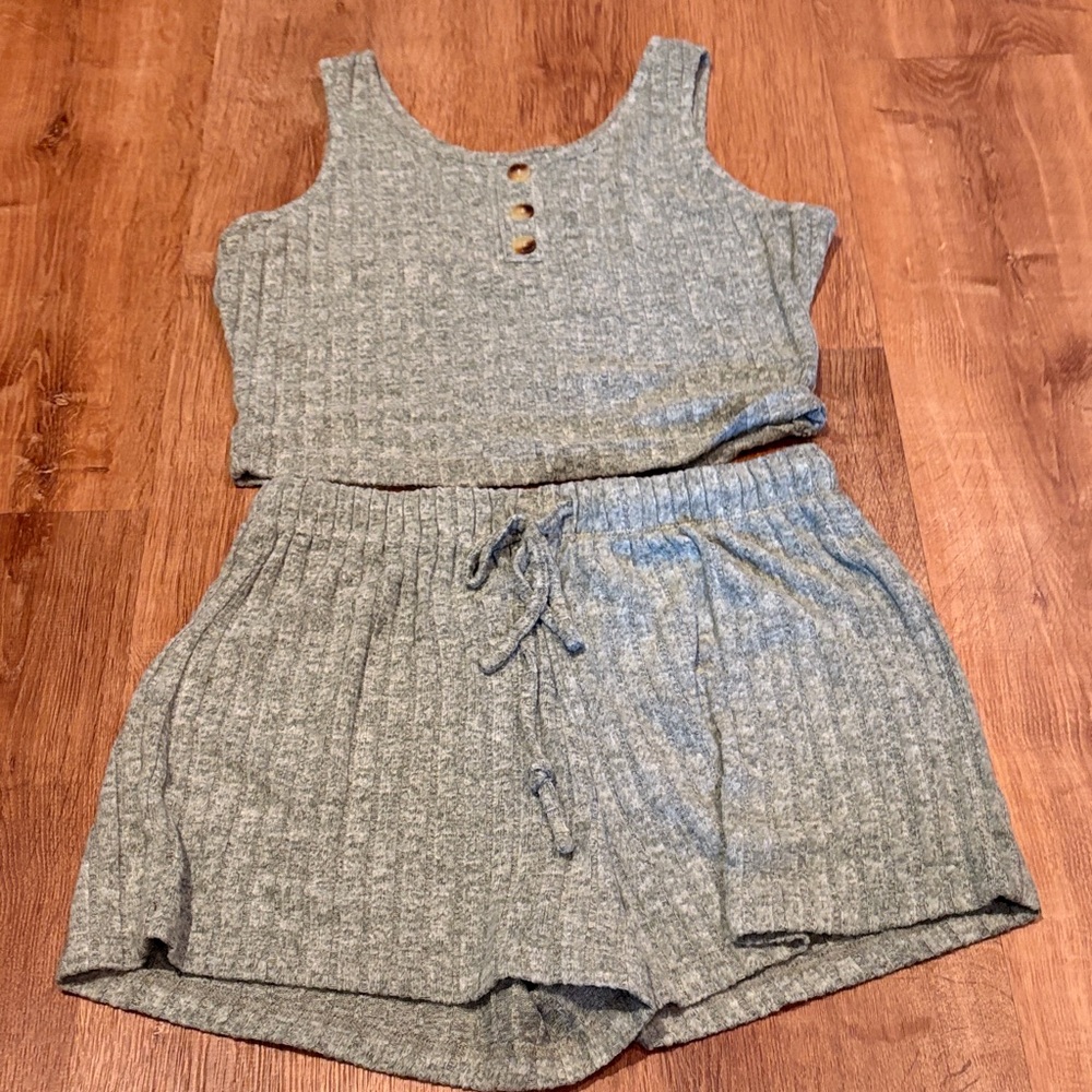 Heathered Green Ribbed Tank and Shorts Set